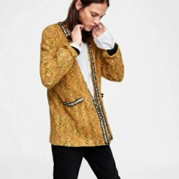 Zara Women's Pearl Beaded Tweed Jacket/Cardigan Size M - Picture 2 of 7
